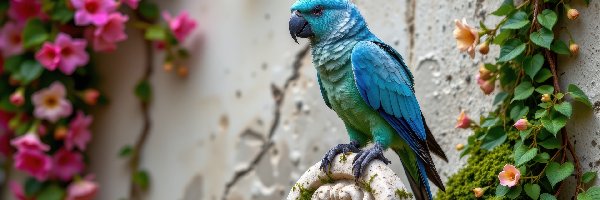 AI, Papuga, Ściana, Niebieska, Ptak, Pnącza, Kwitnące