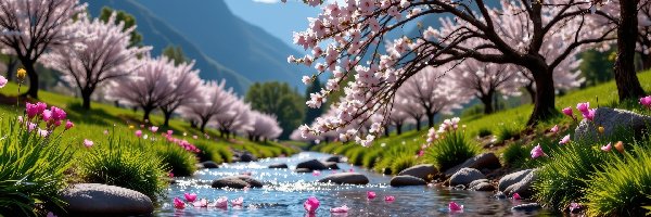 Wiosna, Kwitnące, Drzewa, Rzeka, Góry, Kwiaty, Trawa