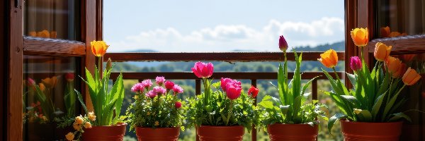 Kwiaty, Doniczki, Tulipany, Okno, Parapet