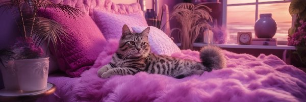 Kot, Łóżko, Pokój, Narzuta, Fioletowa