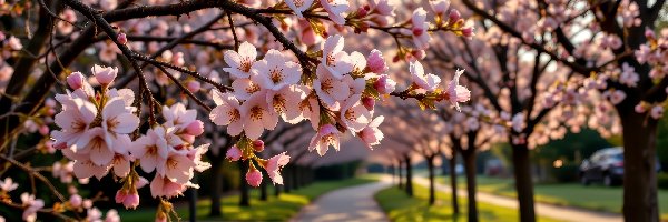 Kwitnące, Gałązki, Drzewa, Grafika AI, Aleja