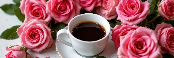 Różowe, Talerzyk, Kwiaty, Róże, Kawa, Filiżanka