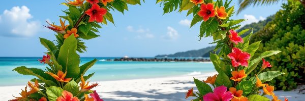Kwiaty, Łuk, Palmy, Liście, Kolorowe, Morze, Plaża, Kwiatowy