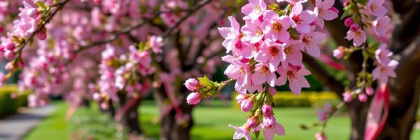 Kwitnące, Różowe, Drzewa, Grafika AI, Kwiaty