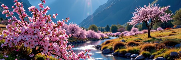 Grafika AI, Kwitnące, Drzewa, Strumień, Wiosna, Promienie słońca, Góry