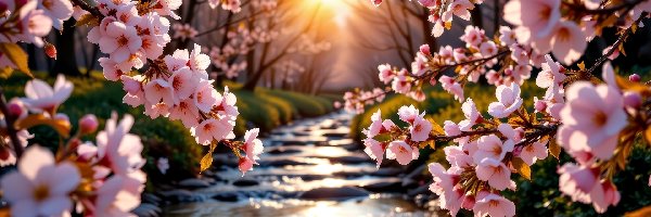 Różowe, Kwitnące, Grafika AI, Zachód słońca, Gałęzie, Kwiaty, Strumień, Wiosna