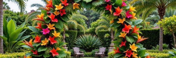 Kwiaty, Czerwone, Łuk, Kwiatowy, Ogród, Palmy, Krzesła, Żółte, Rośliny