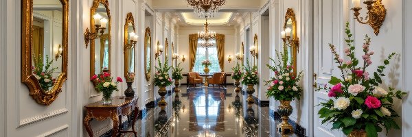 Żyrandol, Wazony, Stolik, Lustra, Kolorowe, Kwiaty, Kinkiety, Hol, Bukiety, Fotele