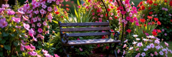 Kolorowe, Ogród, Kwiaty, Ławka