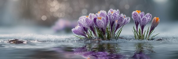 Krokusy, Grafika AI, Woda, Fioletowe