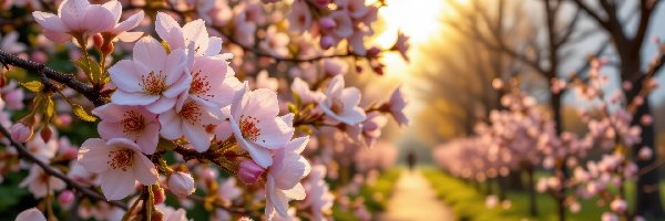 AI, Gałązki, Różowe, Drzewa, Kwitnące, Ścieżka, Kwiaty