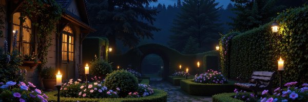 Kwiaty, Żywopłot, Rabatki, Ogród, Latarnie, Dom