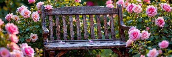 Kwiaty, Różowe, Róże, Ławka