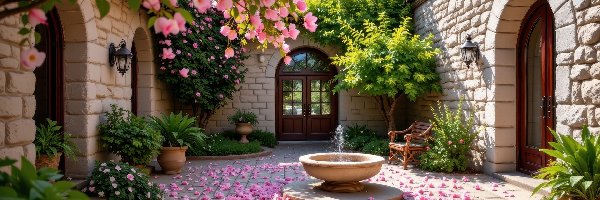 Kwiatów, Kwiaty, Rośliny, Płatki, Drzewa, Fontanna, Krzesło, Dom, Ozdobne, Dziedziniec