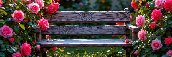 Drewniana, Różowe, Ławka, Róże, Czerwone