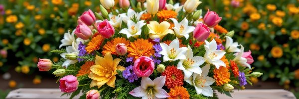 Bukiet, Lilie, Aksamitki, Tulipany, Kwiaty, Stół, Wazon