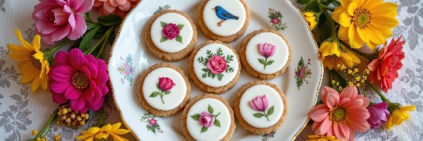 Kwiaty, Talerz, Kolorowe, Obrus, Ciastka, Udekorowane
