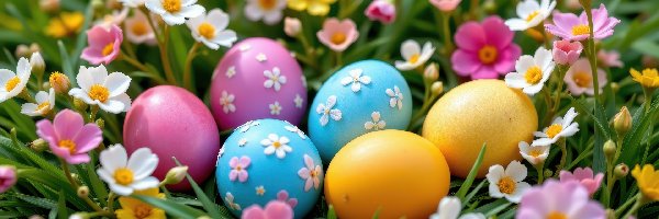 Trawa, Jajka, Kolorowe, Pisanki, Wielkanoc, Kwiaty, Drobne