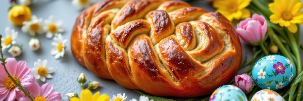 Wielkanoc, Kolorowe, Chleb, Kwiaty, Pisanki