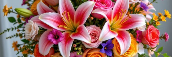 Bukiet, Kwiaty, Kolorowe, Róże, Lilie