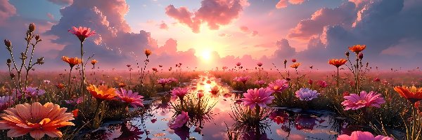 Kwiaty, Odbicie, Woda, Grafika AI, Zachód słońca