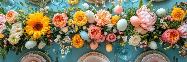 Wielkanoc, Kwiaty, Stół, Talerze, Pisanki