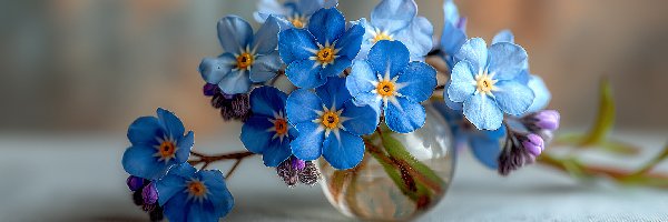 Niezapominajki, Kwiaty, Niebieskie, Grafika AI, Wazonik