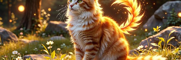 Rudy, Złote, Kot, Grafika AI, Pióro