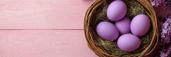 Fioletowe, Wielkanoc, Gałązki, Jajka, Tło, Wiklinowy, Siano, Różowe, Koszyk, Fioletowe, Bzu