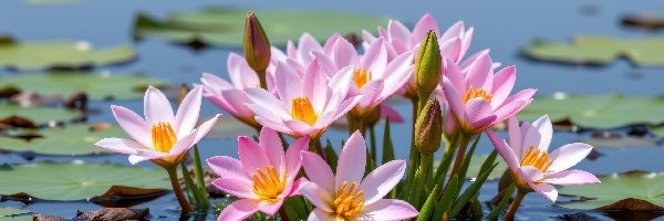 Lilie wodne, Liście, Woda, Różowe