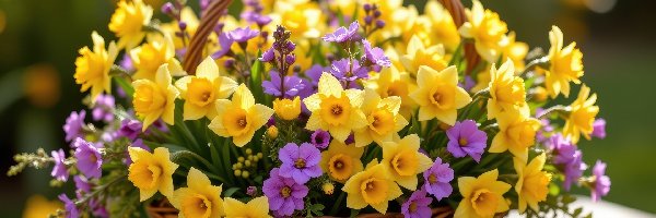 Koszyk, Żółte, Narcyzy żonkile, Fioletowe, Kwiaty, Wiklinowy, Bukiet