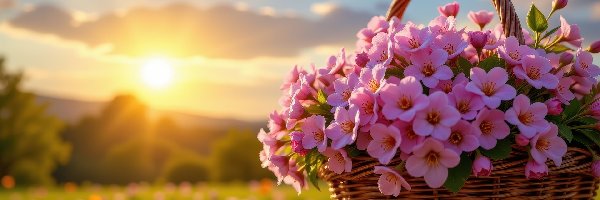 Różowe, Koszyk, Kwiaty, Słońce, Łąka