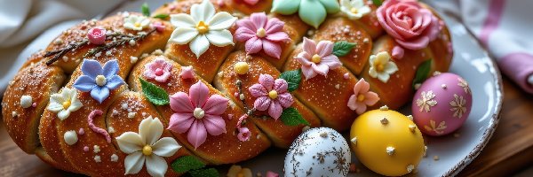 Wielkanoc, Kwiaty, Pisanki, Grafika AI, Chleb, Świąteczny