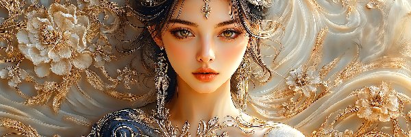 Kwiaty, Makijaż, Biżuteria, Ornament, Kobieta, Grafika