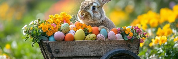 AI, Pisanki, Kwiaty, Królik, Wielkanoc, Drewniany, Wózek