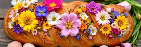 Kolorowe, Jajka, Kwiaty, Chleb