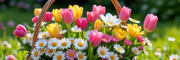 Koszyk, Żółte, Różowe, Stokrotki, Kwiaty, Bukiet, Tulipany