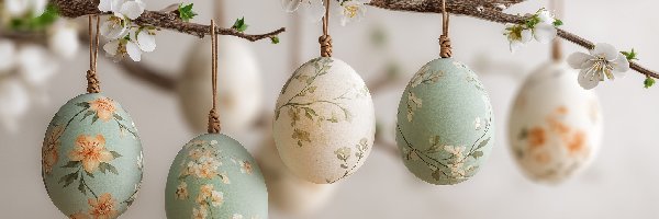 Pisanki, Białe kwiaty, Gałązka, Grafika AI, Wielkanoc