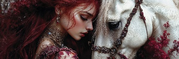 Kobieta, Koń, Biały, Rudowłosa