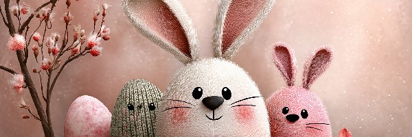 Grafika AI, Zajączki, Jajka, Różowe, Wielkanoc, Kwiaty, Gałązka