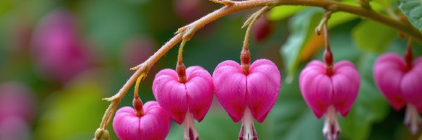 Serduszka okazałe, Kwiaty, Różowe, Listki, Gałązka