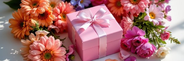 Prezent, Płatki, Pudełko, Kokarda, Kwiaty, Kolorowe