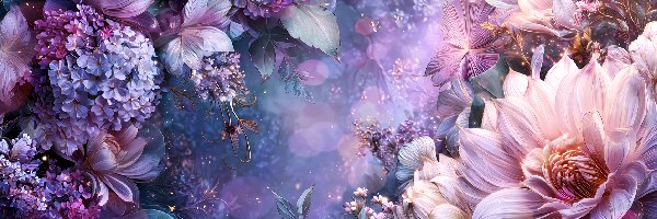 Fioletowe, Grafika AI, Kwiaty, Jasnoróżowe