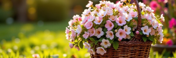Koszyk, Kwiaty, Wiklinowy, Trawa, Drobne, Różowe