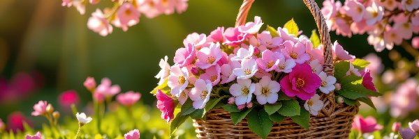 Kolorowe, Koszyk, Kwiaty, Gałązki, Ukwiecone