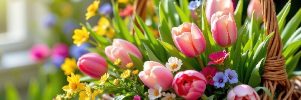 Kolorowe, Tulipany, Kwiaty, Koszyk, Wiklinowy
