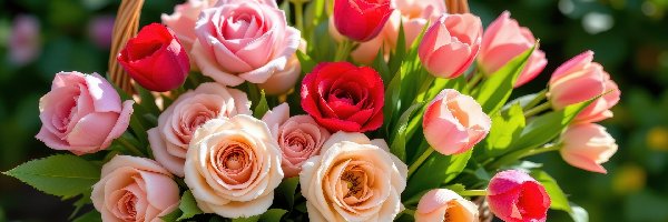 Róże, Koszyk, Tulipany, Kwiaty