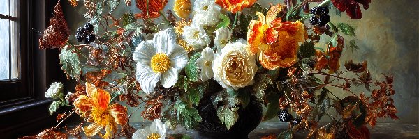 Okno, Bukiet, Blat, Grafika AI, Kwiaty, Kolorowe