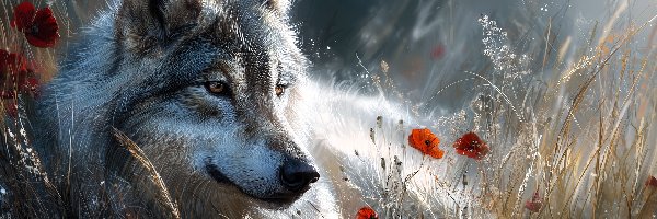 Trawy, Grafika AI, Maki, Wilk