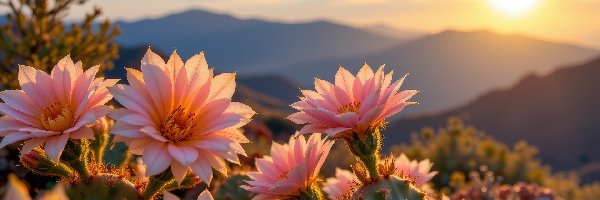 Kwiaty, Wschód słońca, Kaktusy, Różowe